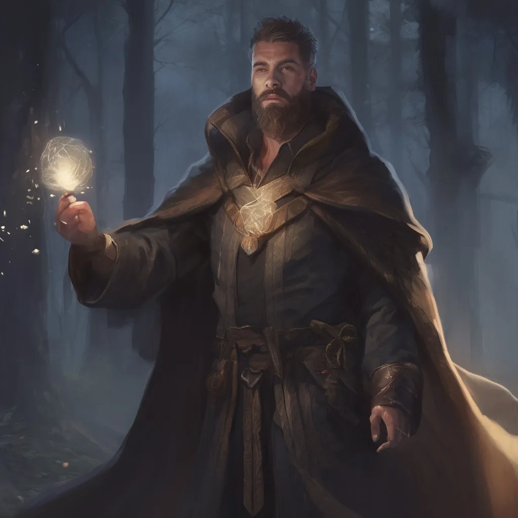 Prompt: (Full body) male large german sorcerer with short-cut hair and beard, casting a magical spell, outside of a forest at night, cloak, pathfinder, d&d setting, in a realistic digital art style