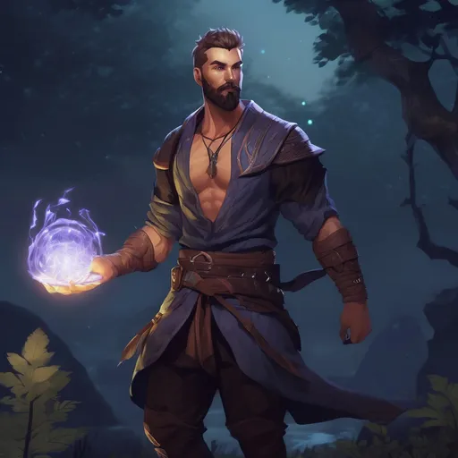 Prompt: (Full body) male muscular summoner with short hair and beard, in nature at night, pathfinder, d&d setting, in a realistic digital art style