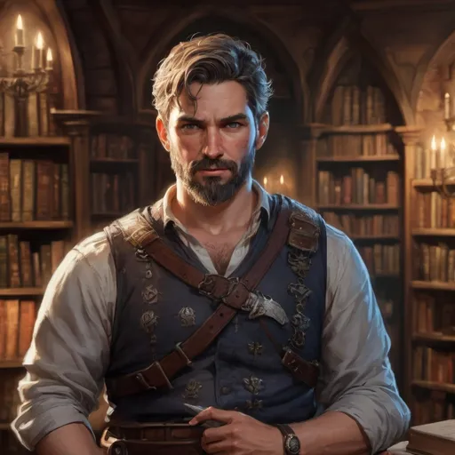 Prompt: (torso) Male stocky mature noble marksman, with short hair and beard, open shirt, hairy chest, in a dark library in a castle, pathfinder, d&d setting, in a realistic high quality digital art style, enhanced shadow quality, colorful