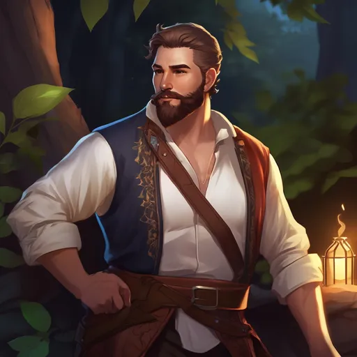 Prompt: (Full body) male stocky flirty bard with short hair and beard, open shirt, in dark lit nature background, pathfinder, d&d setting, in a realistic digital art style