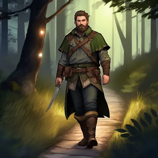 Prompt: (Full body) male stocky ranger with short hair and beard, hairy-chest, in a black forest path at night, pathfinder, d&d setting, in a realistic digital art style