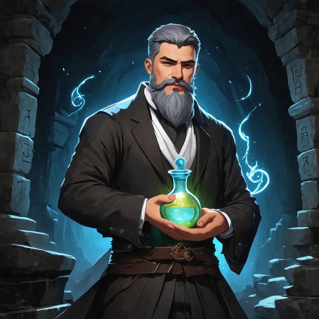 Prompt: (Full body) male alchemist with grey short hair and beard, holding a glowing potion, exploring an underground temple in the dark, magic swirls, pathfinder, d&d setting, in a drawn digital art style