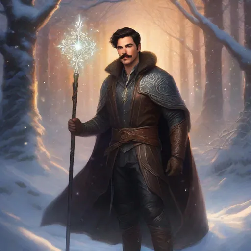 Prompt: (Full body) a male summoner with mustache and stubble short-cut dark hair, handsome manly face, belt, boots, leather pants, holding magical staff, swirly lights, standing outside of a snowy forest, fantasy setting, dungeons & dragons, in a painted style realistic art