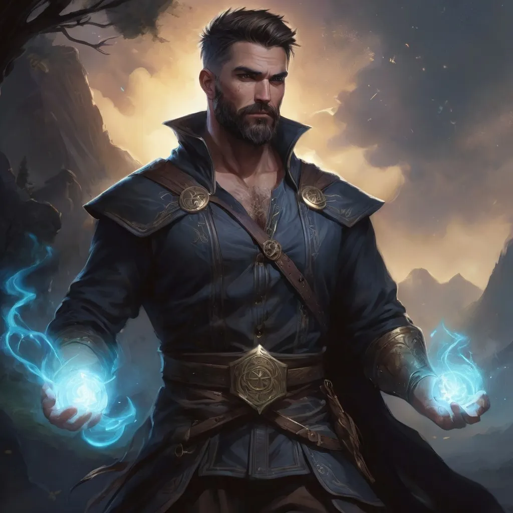 Prompt: (head and torso) Male heavy-set fit 30-year old hunky sorcerer with short-cut hair and beard, holding magic-spell, in a windy nature at night, pathfinder, d&d setting, enhanced shadow quality