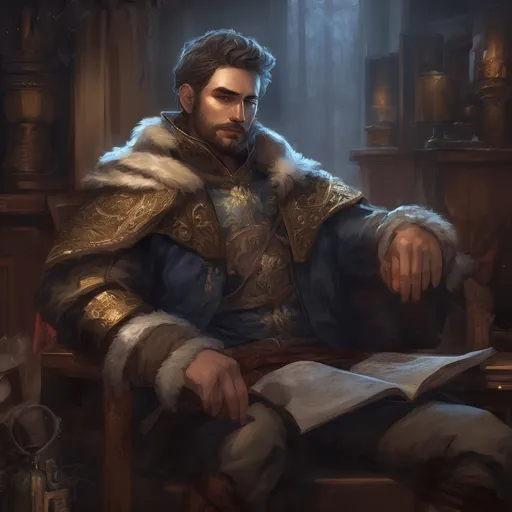 Prompt: (Full body) male stocky young royal noble with short-cut hair and beard, in a dark room, pathfinder, d&d setting, in a realistic high quality digital art style