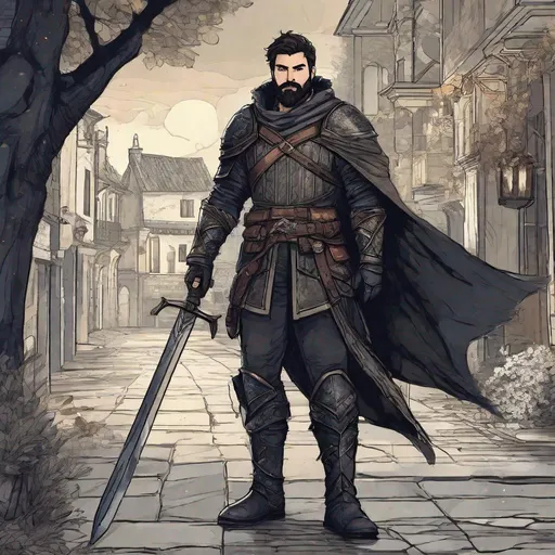 Prompt: (Full-body) A handsome hairy gay male warrior with dark short hair and short beard, weapon in one hand, dark armor with natural details, chest hair, cloak, boots, dark street in a town at night, in a shaded painted style