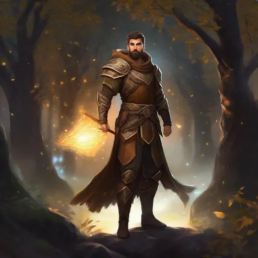 Prompt: (Full body picture) An elemental druid with short-cut hair and short beard, brown branch armor, magic around, cloak, manly, fantasy setting, dungeons and dragons, forest at night, in realistic digital art style