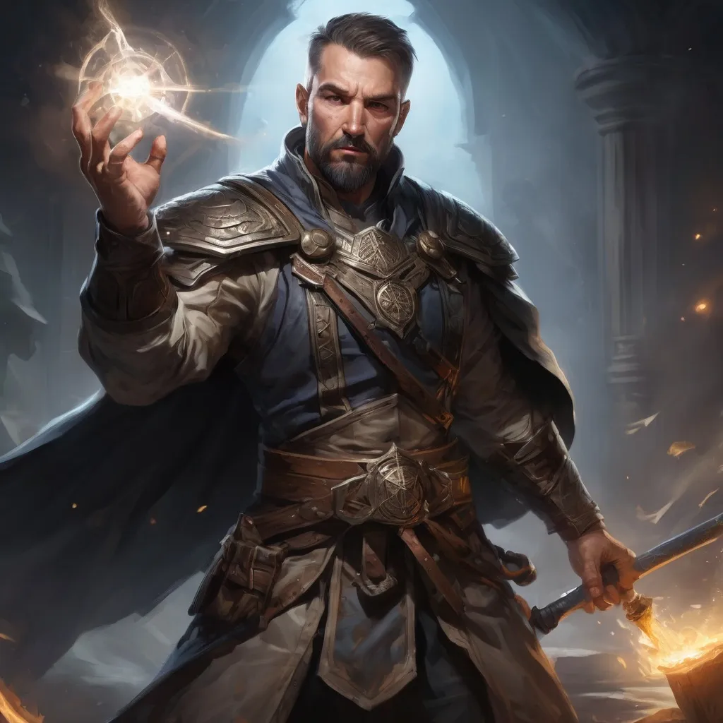 Prompt: Male stocky large mature fit battle-mage with short-cut hair and beard, engaged in combat casting a light spell in a dark room, pathfinder, d&d setting, realistic high quality, enhanced shadow quality