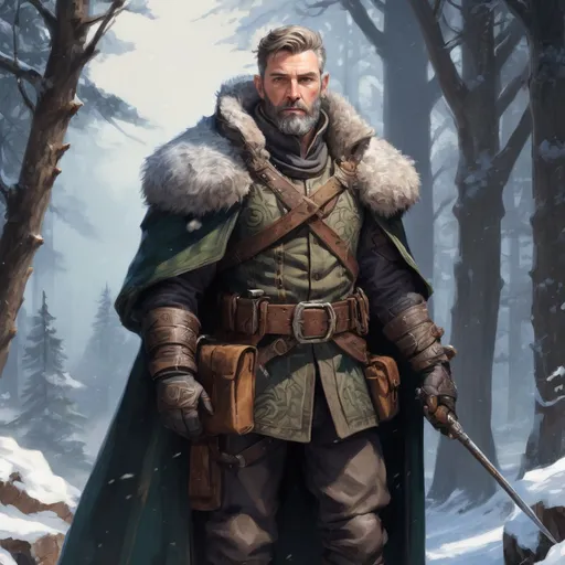 Prompt: Male stocky mature noble marksman, with short hair and beard, standing on an old temple in a winter forest, pathfinder, d&d setting, in a realistic high quality digital art style, enhanced shadow quality, colorful