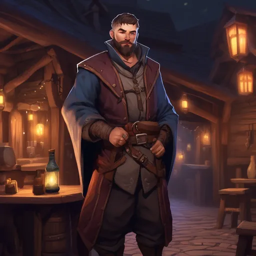 Prompt: (Full body) male thick manly mage with short hair and beard, by a tavern at night, pathfinder, d&d setting, in a realistic digital art style