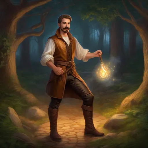 Prompt: (Full body) A male alchemist with short cut hair with a mustache and stubble manly face, pathfinger, magic swirl, leather pants, holding magic weapon, dungeons and dragons, brown boots, fantasy setting, in a forest glade at night, in a painted style realistic art