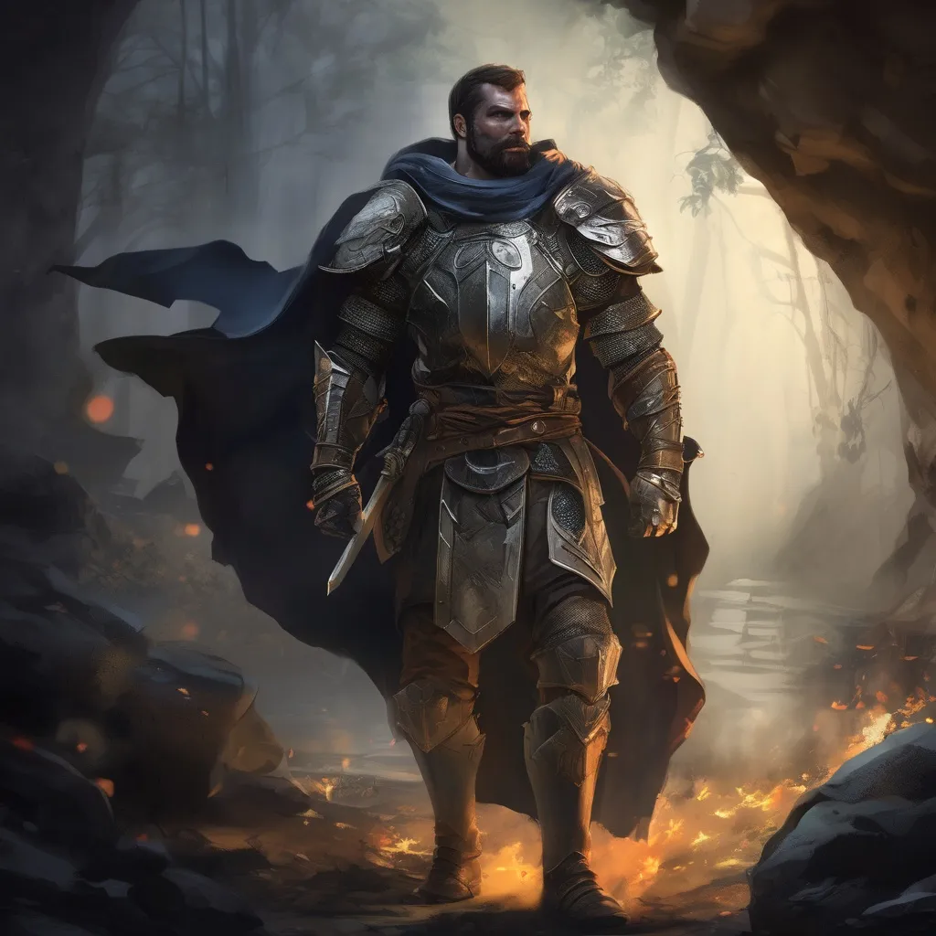 Prompt: (Full body) male handsome large muscular austrian knight with short hair and beard, outside of a cave by a forest at night, pathfinder, d&d setting, in a realistic high quality digital art style