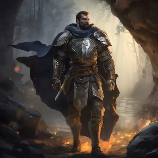 Prompt: (Full body) male handsome large muscular austrian knight with short hair and beard, outside of a cave by a forest at night, pathfinder, d&d setting, in a realistic high quality digital art style