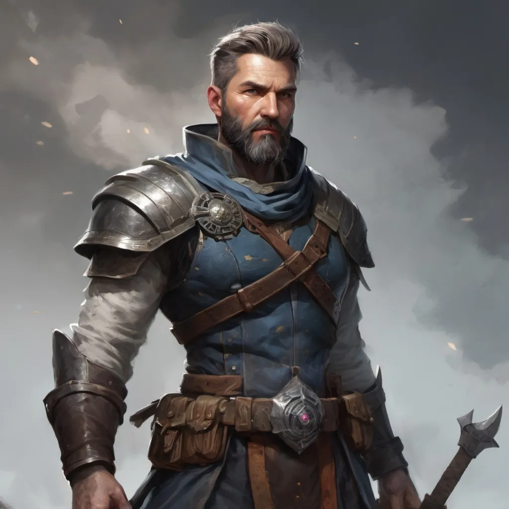 Prompt: (torso) Male heavy-set mature fit magical transmuter with short-cut hair and beard, holding fantasy-weapon, in movement, in a windy battlefield, pathfinder, d&d setting, enhanced shadow quality