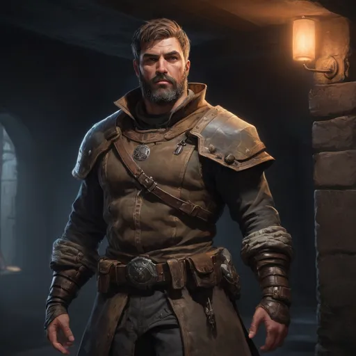 Prompt: Male stocky large beefy rogue with short-cut hair and beard, exploring a dark trasure room, pathfinder, d&d setting, realistic, enhanced shadow quality