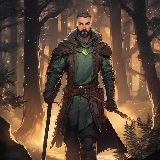 Prompt: (Full body) handsome male arcanist glowing eyes with buzz-cut hair beard, scar, manly face, holding a staff, pathfinder, dungeons and dragons, in a dark forest, in a painted style, realistic