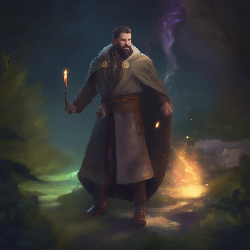 Prompt: (Full body) male stocky magical sorcerer with short-cut hair and beard, casting a magical spell, in nature in the dark, cloak, pathfinder, d&d setting, in a realistic digital art style