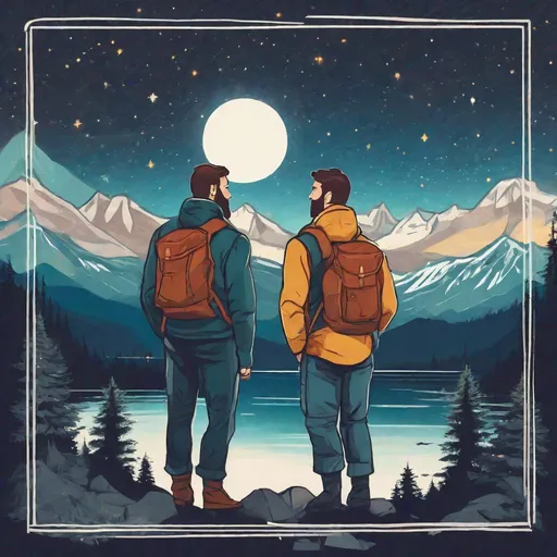Prompt: Colourful picture of two handsome man with short brunette hair and a beard in love with each other, hiking a norwegian mountain, are surrounded by Sitka Spruce trees, fjord in the distance, framed by stars, in a painted style
