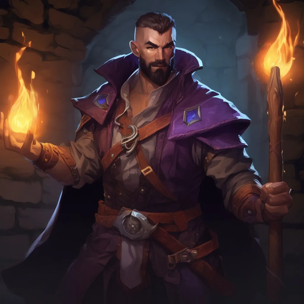 Prompt: (Full body) male magical muscular warlock with short hair and beard, in a dungeon at night, pathfinder, d&d setting, in a realistic digital art style