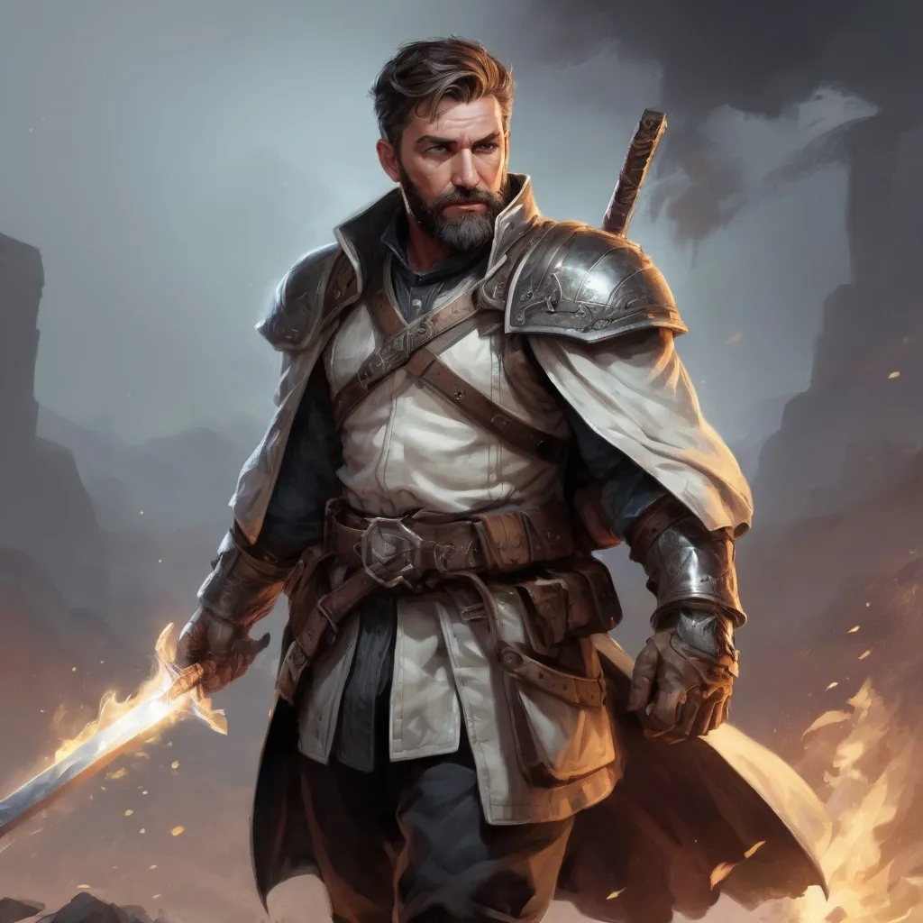 Prompt: Male stocky heavy-set mature illutionist with short-cut hair and beard, on a battlefield, in combat, casting a white-spell, pathfinder, d&d setting, in a realistic high quality digital art style, enhanced shadow quality, colorful