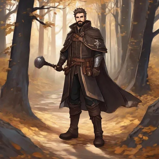 Prompt: (Full-body) A handsome hairy male alchemist with short hair and short beard, salt and pepper hair, magic in one hand, dark leather armor with wooden details, brown cloak, boots, dark path in the woods, in a shaded painted style