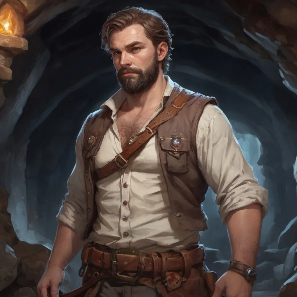 Prompt: Male stocky heavy-built bard with short-cut hair and beard, open shirt hairy chest, with a big belly, inside a cavern dungeon at night, pathfinder, d&d setting, in a realistic high quality digital art style, enhanced shadow quality