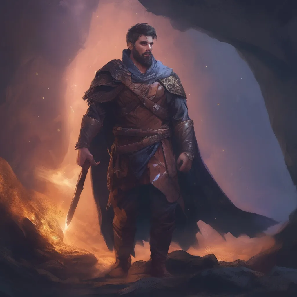 Prompt: (Full body) male handsome large muscular magical mystic with short hair and beard, outside of a cave by a forest at night, pathfinder, d&d setting, in a realistic high quality digital art style