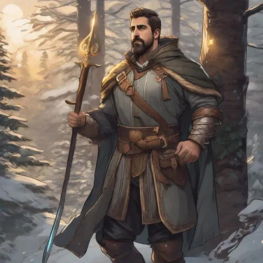 Prompt: (Fullbody) hairy manly druid face looks like older aaron rodgers, short-hair grey stripes, short-bearded, leather shirt, open shirt, heavy belt, swirly magic from staff, brown boots, cloak, pathfinder, dungeons and dragons, monocle, outside a town by a forest at night, holding a weapon, in a painted style, realistic