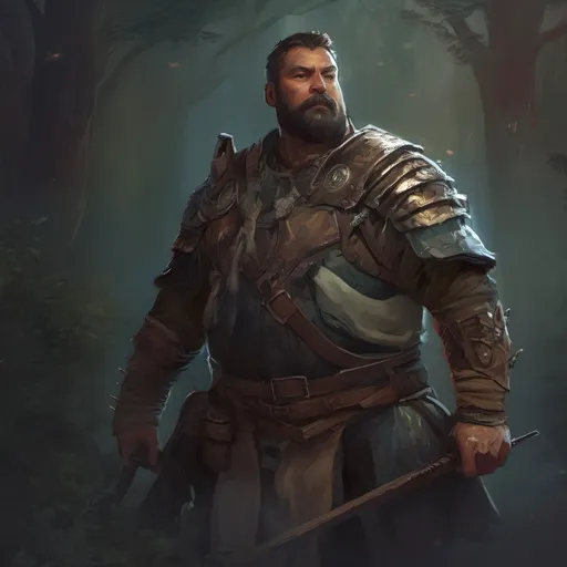 Prompt: (Full body) male stocky large warrior with short hair and beard, big belly, in nature at night, pathfinder, d&d setting, in a realistic digital art style