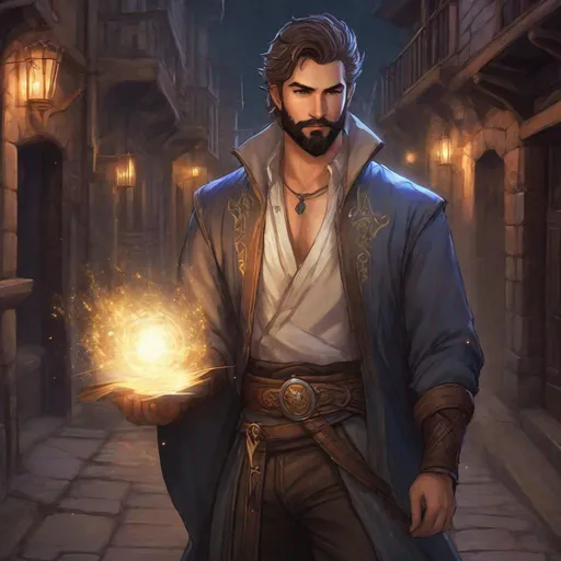 Prompt: (Full body) handsome large mage glowing eyes with short cut hair with grey streaks short beard, manly face, open shirt, hairy chest, casting a magic spell, pathfinder, dungeons and dragons, in a dark back street, in a painted style, realistic