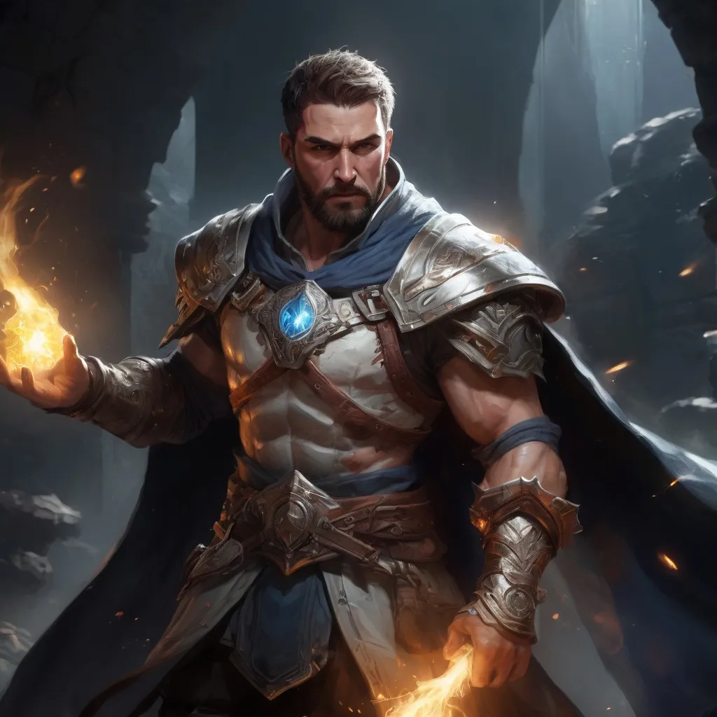 Prompt: Male stocky large muscular battle-mage with short-cut hair and beard, engaged in combat casting a white-light spell inside of a dark dungeon, pathfinder, d&d setting, realistic, enhanced shadow quality, colorful