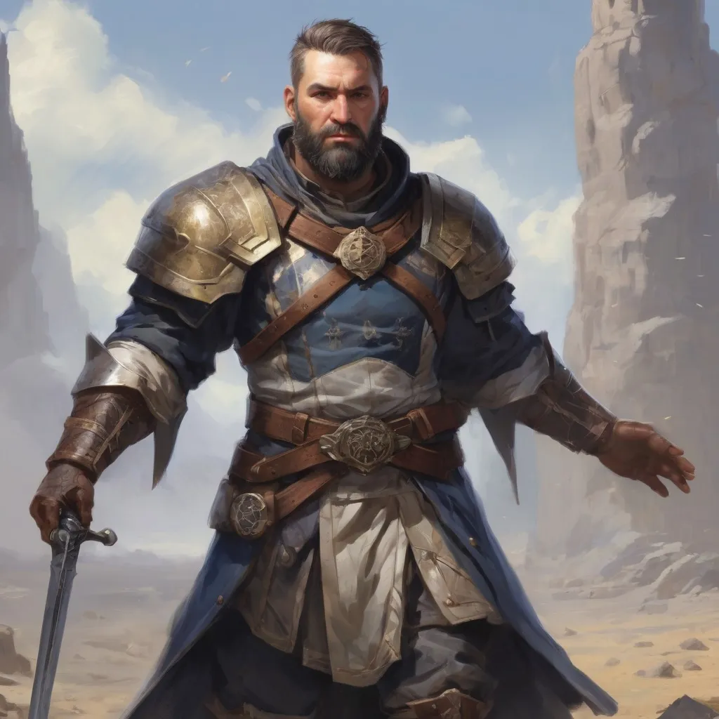 Prompt: Male heavy-set mature fit Cleric with short-cut hair and beard, casting healing-magic out of hands on a wounded male warrior with short hair and a beard, in a windy battlefield, pathfinder, d&d setting, enhanced shadow quality
