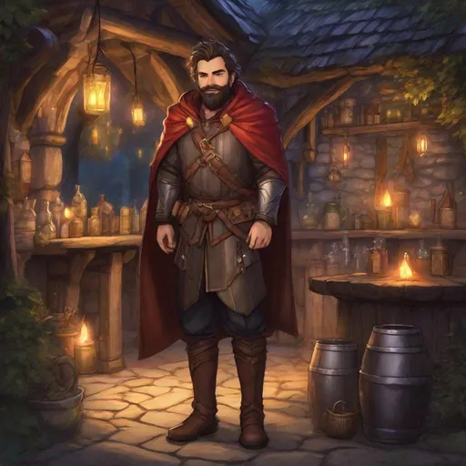 Prompt: (Fullbody) magical alchemist hairy manly face, short-hair, short-bearded, light mail-armour, belt with reagents magical bombs potions, brown boots, cloak, pathfinder, dungeons and dragons, monocle, outside a tavern by the woods at night, holding a weapon, in a painted style, realistic