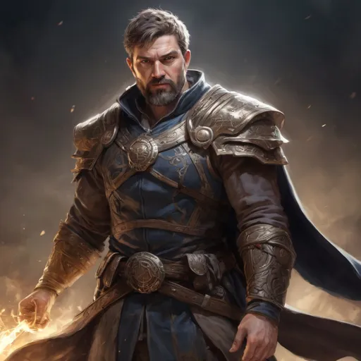 Prompt: (torso) Male stocky large mature fit battle-mage with short-cut hair and beard, engaged in combat casting a light-spell  nature, pathfinder, d&d setting, realistic, enhanced shadow quality