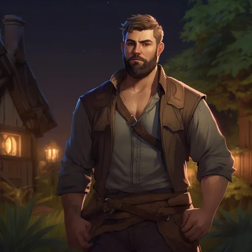 Prompt: (Full body) male stocky big-chested rogue with short hair and beard, thin open shirt on, in nature at night, pathfinder, d&d setting, in a realistic digital art style