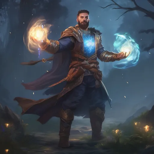 Prompt: (Full body) male stocky muscular crusader with short-cut hair and beard casting an astral-spell, in nature at night pathfinder, d&d setting, in a realistic digital art style