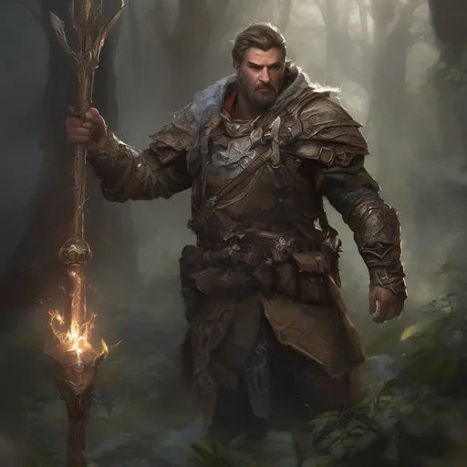 Prompt: (Full body) male stocky nowegian nature-druid with short hair and beard, holding magic staff, leather armour with leaf-details, in a dark dungeon with trees, pathfinder, d&d setting, in a realistic digital art style