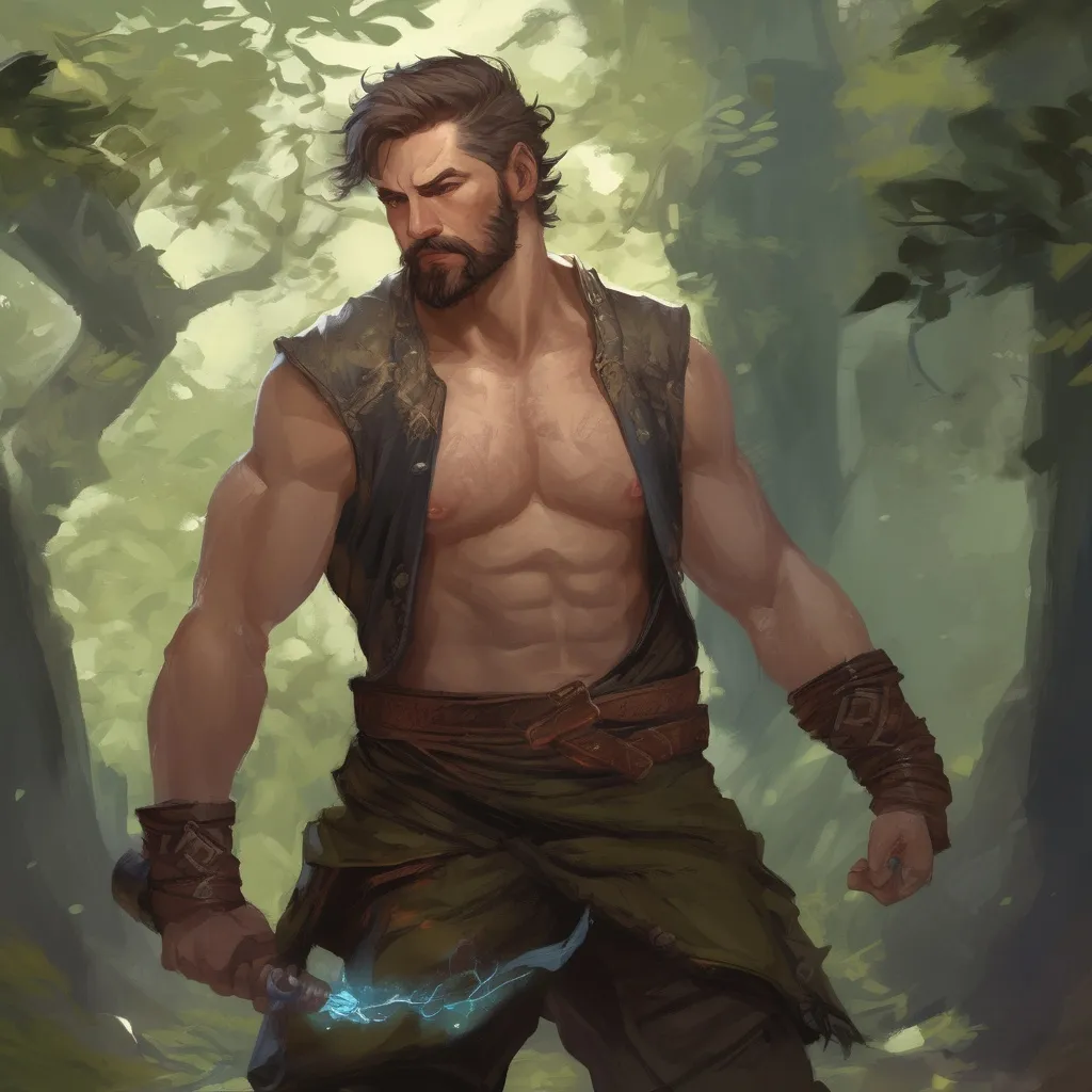 Prompt: (Full body) male stocky big-chested hairy-chested fantasy-ranger with short hair and beard, no shirt on, casting an nature spell, in nature at night, pathfinder, d&d setting, in a realistic digital art style