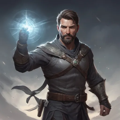 Prompt: (torso) Male stocky large fit 37-year old arcanist with short-cut hair and beard, casting a magic-ray out of hands in a windy path, pathfinder, d&d setting, in a realistic high quality digital art style, enhanced shadow quality