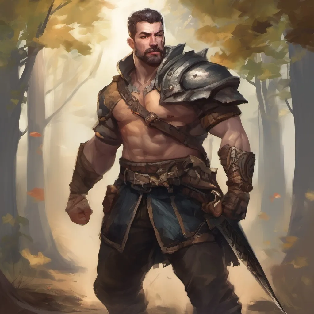 Prompt: (Full body) male stocky martial fighter with short-cut hair and a mustache, no shirt on, in nature at night pathfinder, d&d setting, in a realistic digital art style