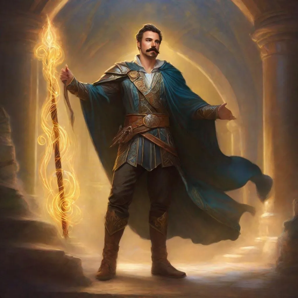 Prompt: (Full body) a male magus with mustache and stubble short-cut hair, handsome manly face, belt, boots, revealing clothing, hairy chest, holding magical staff, swirly lights, standing in a otherwordly dimention, fantasy setting, dungeons & dragons, in a painted style realistic art