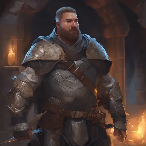 Prompt: (Full body) male stocky large paladin with short hair and beard, big belly, exploring a dark dungeon, pathfinder, d&d setting, in a realistic digital art style