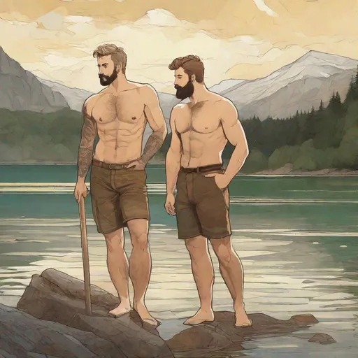 Prompt: (Full-body) Two handsome large gay men with short hair and short beards, no shirt on, no pants on, hairy chests, salt-and-pepper hair, skinny-dipping by a lake, in a painted style
