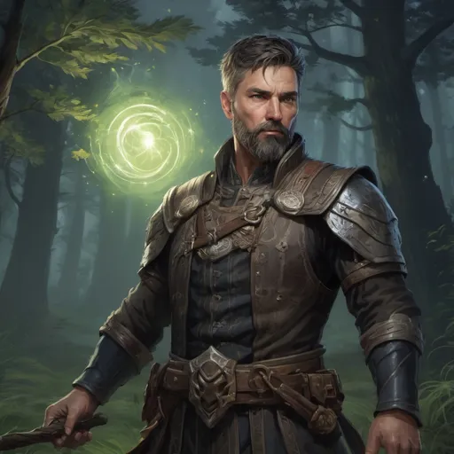 Prompt: (head and torso) Male heavy-set mature fantasy-sorcerer with short-cut hair and beard, holding magic-spell, in a grass field covered in trees at night, in combat, pathfinder, d&d setting, in a realistic high quality digital art style, enhanced shadow quality