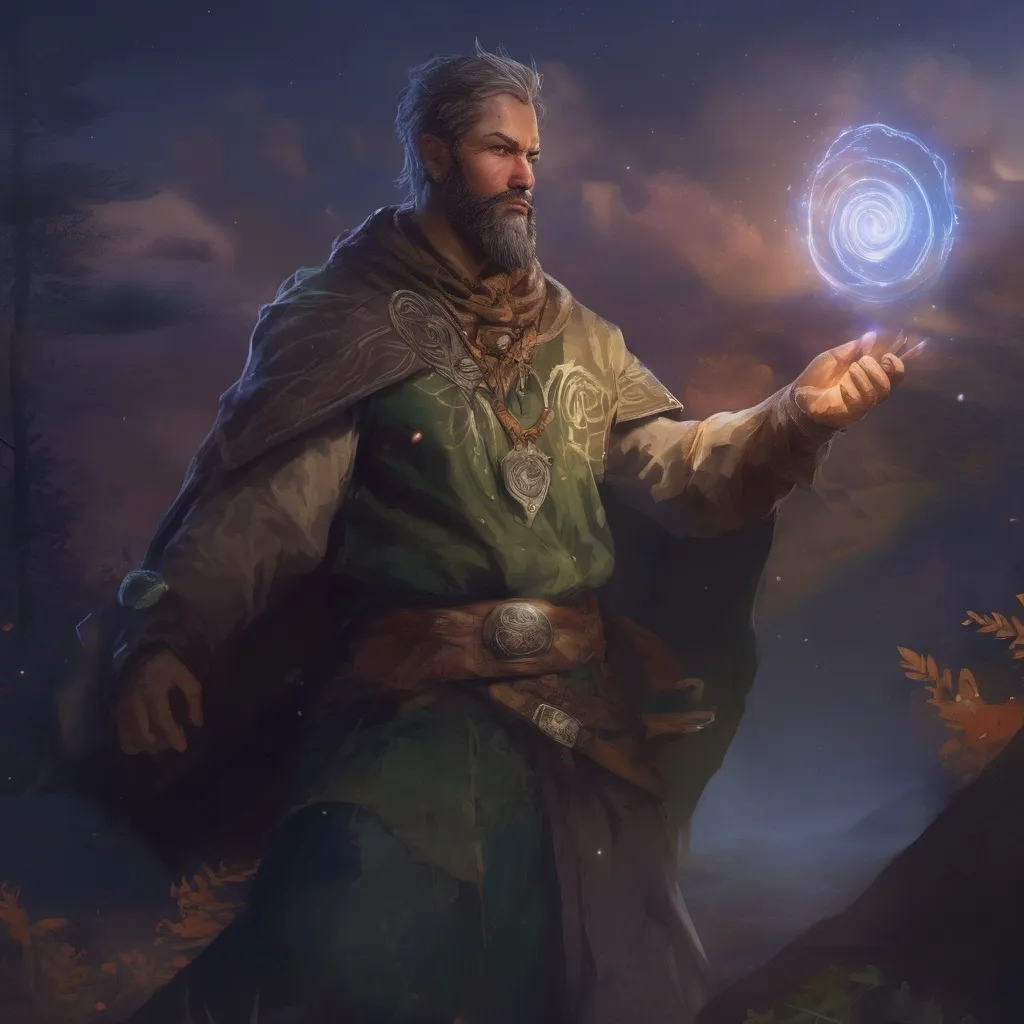 Prompt: (Full body) male stocky druid with short-cut hair and beard, casting a swirly astral-spell, in nature at night pathfinder, d&d setting, in a realistic digital art style