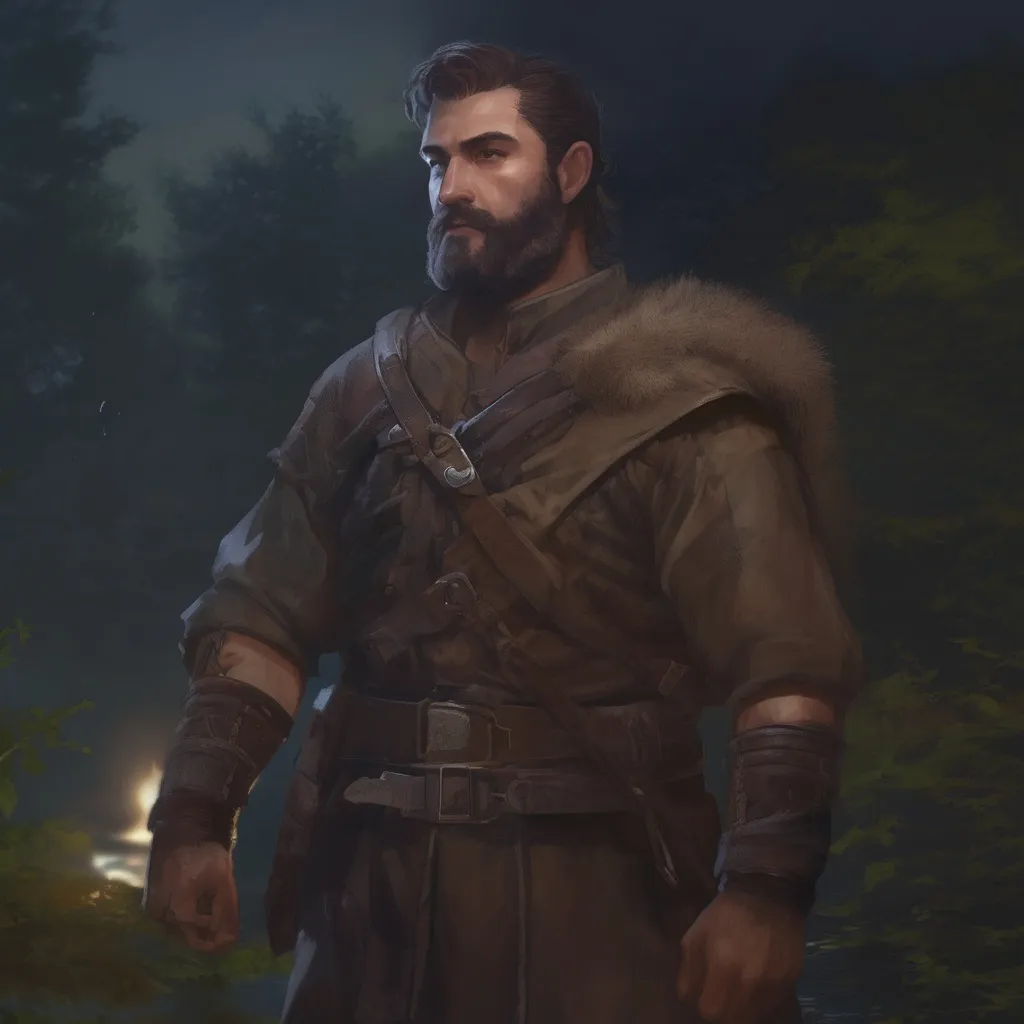 Prompt: (Full body) male stocky martial fighter with hairy chest and short hair and beard, in nature at night, pathfinder, d&d setting, in a realistic digital art style