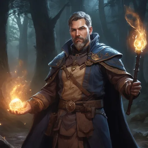 Prompt: Male stocky heavy-set mature summoner with short-cut hair and beard, magical glowing robes, casting a spell in combat outside of fantasy forest at night, pathfinder, d&d setting, in a realistic high quality digital art style, enhanced shadow quality