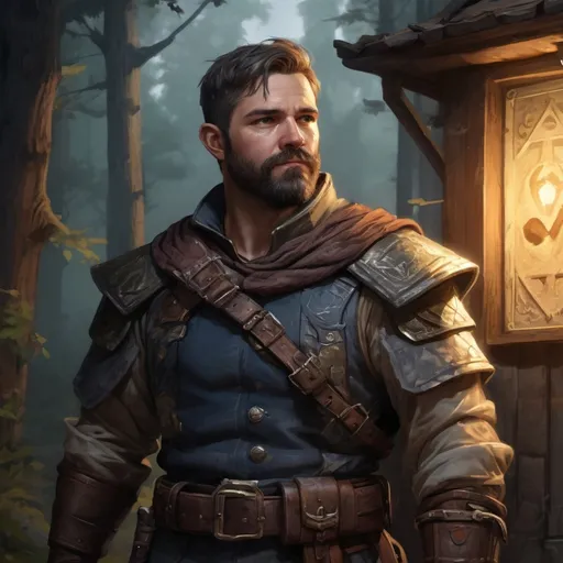 Prompt: Male stocky heavy-set aged scout with short-cut hair and beard, outside of a fantasy guard-tower by the woods at night, pathfinder, d&d setting, in a realistic high quality digital art style, enhanced shadow quality