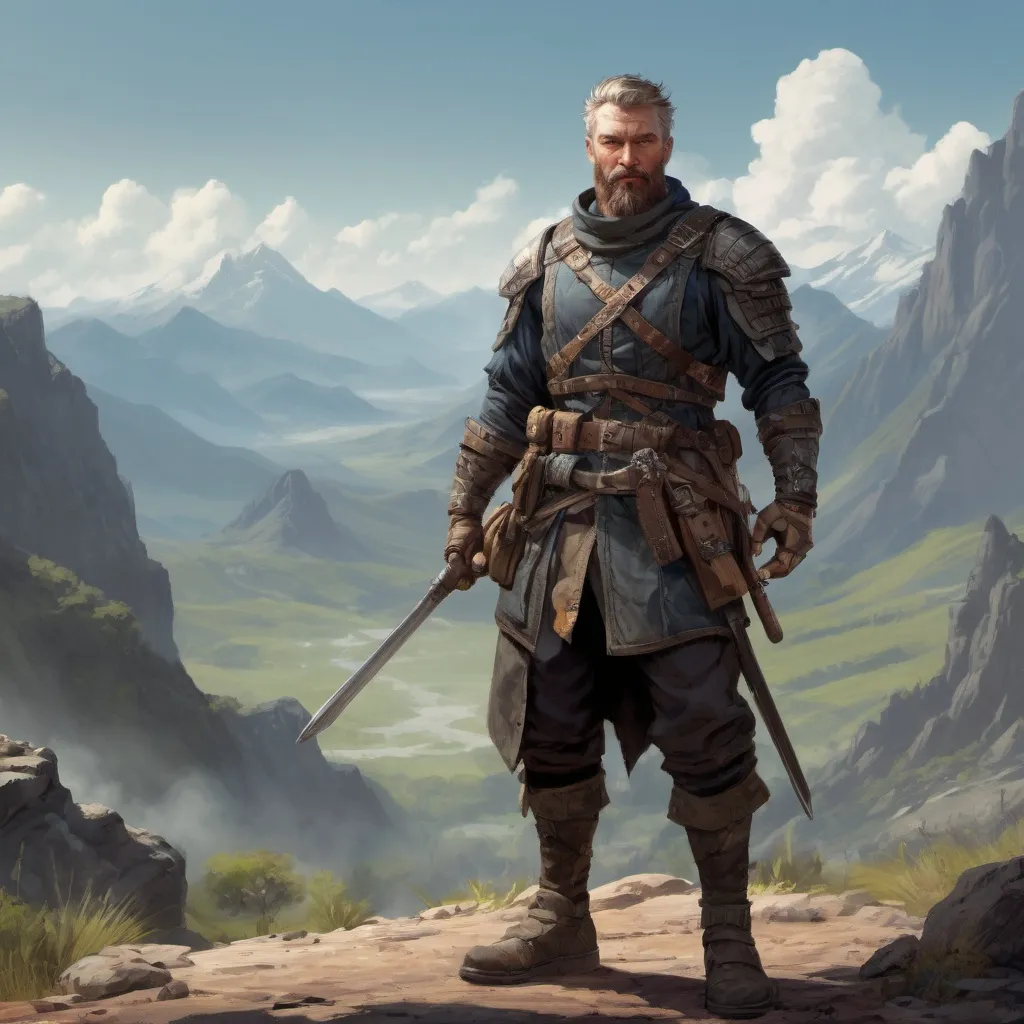 Prompt: Male heavy-set mature Rogue with short-cut hair and beard, holding weapon, in a mountain valley, in combat, pathfinder, d&d setting, in a realistic high quality digital art style, enhanced shadow quality