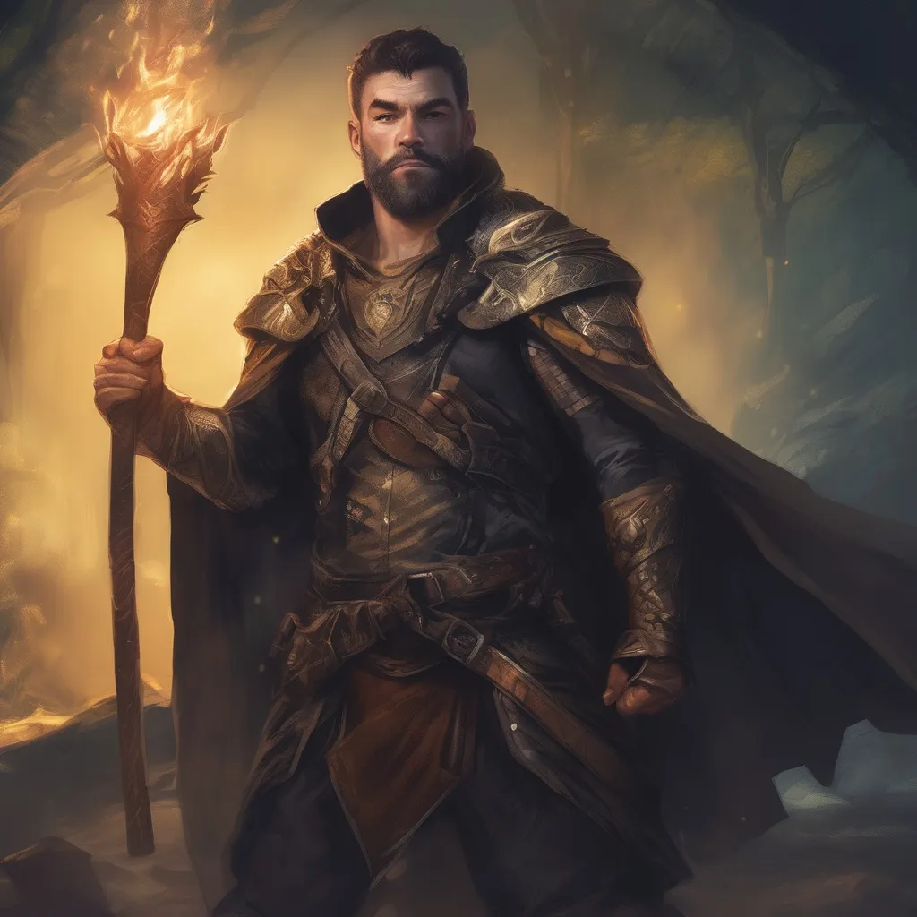 Prompt: (Full body) male handsome large muscular magical warlock with short hair and beard, outside of a cave by a forest at night, pathfinder, d&d setting, in a realistic high quality digital art style